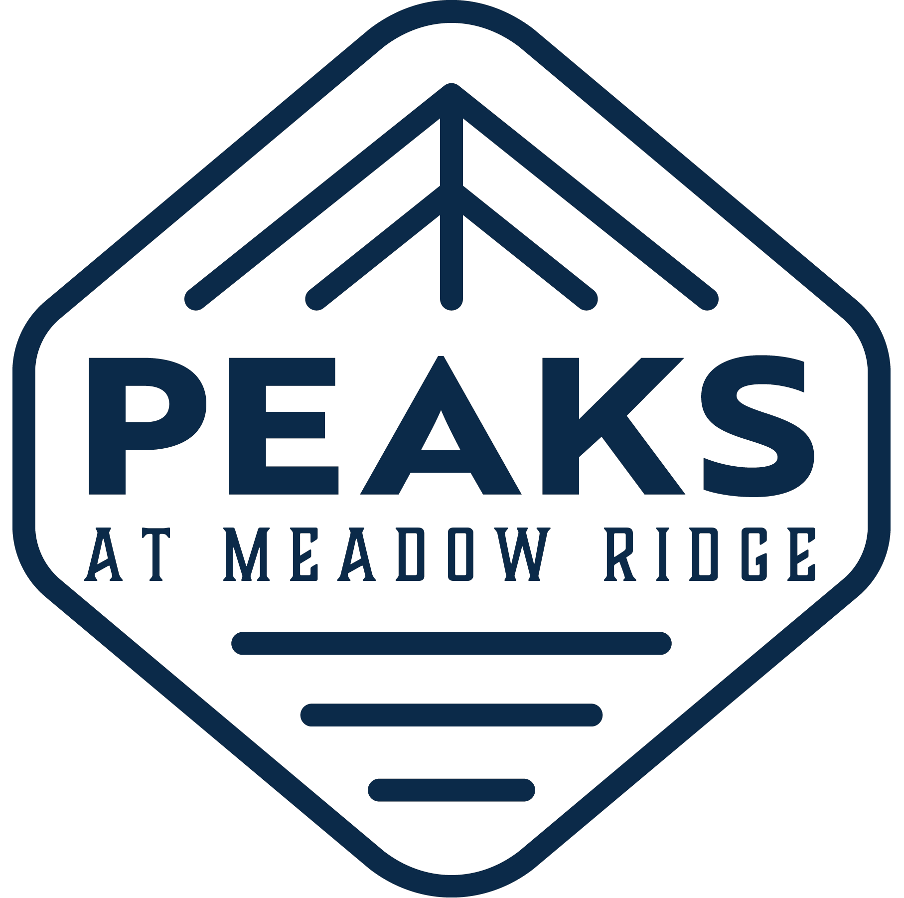 A logo with the text "Peaks at Meadow Ridge" in white on a blue background.